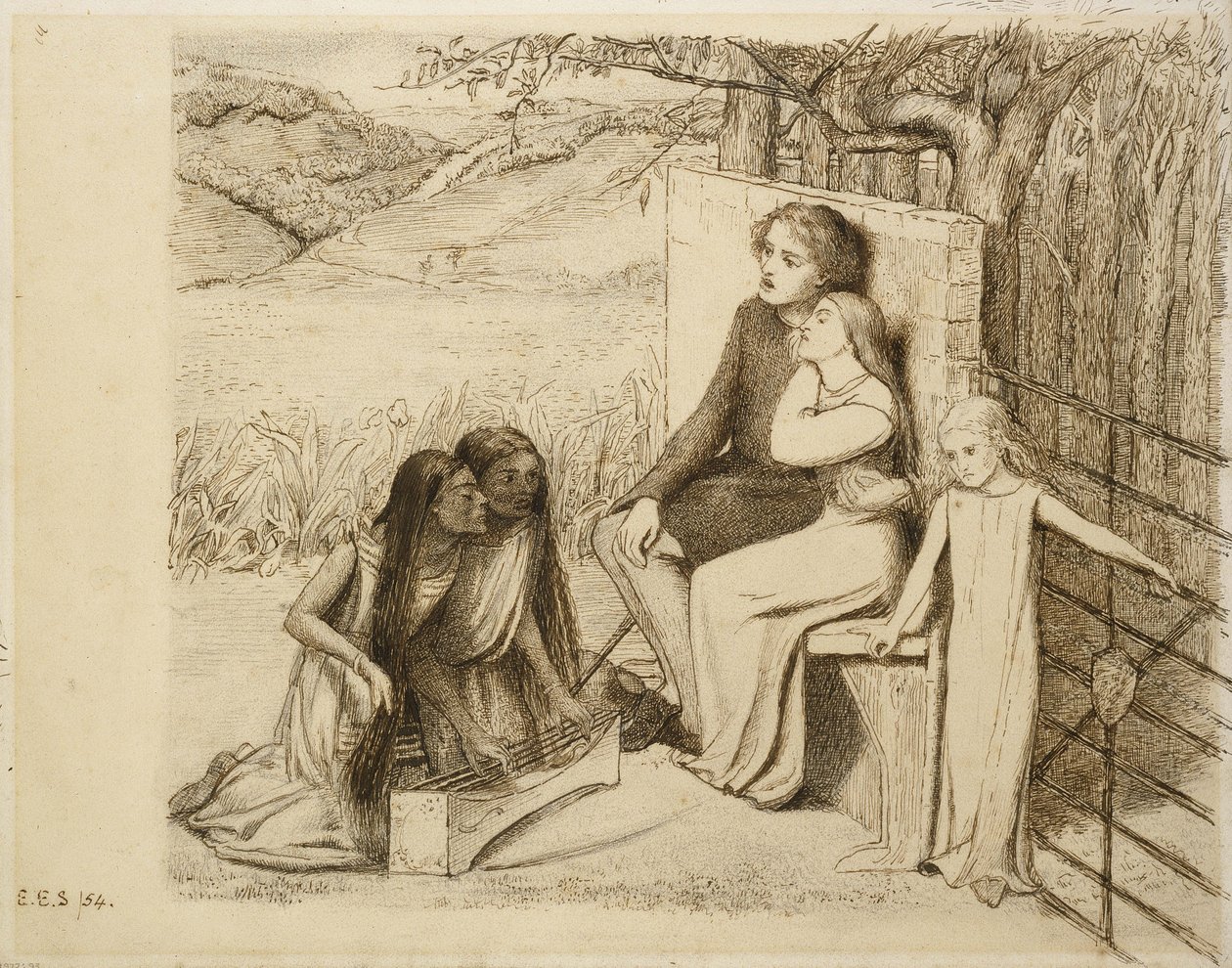 Dva milenci, 1854 (pero a hnědý inkoust na špinavě bílém papíře) od Elizabeth Eleanor Siddal