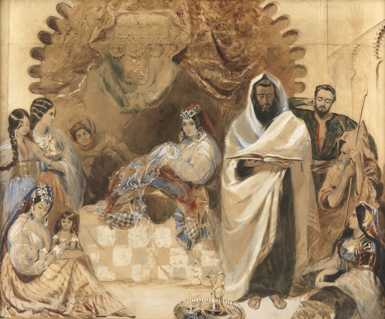 Brit Milah v Tangeru, 1838 (wc & bodycolor na papíře, pokrytý barevným sklem) od Elizabeth Murray