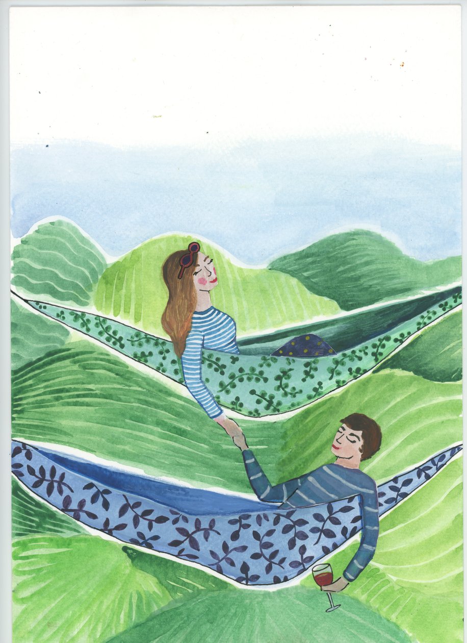 Hanging Out, 2018 (akvarel a koláž) od Elizabeth Rider
