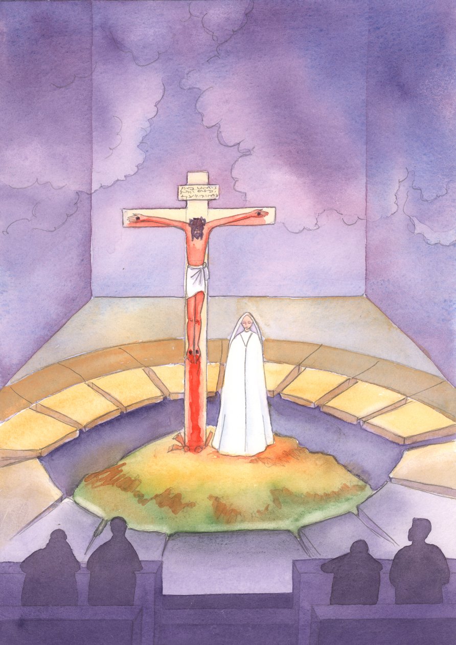 Při každé mši jsme přítomni Oběti, která byla kdysi přinesena na Kalvárii, když Kristus trpěl a zemřel za nás, zatímco jeho Matka stála po jeho boku, 2005 (akvarel na papíře) od Elizabeth Wang