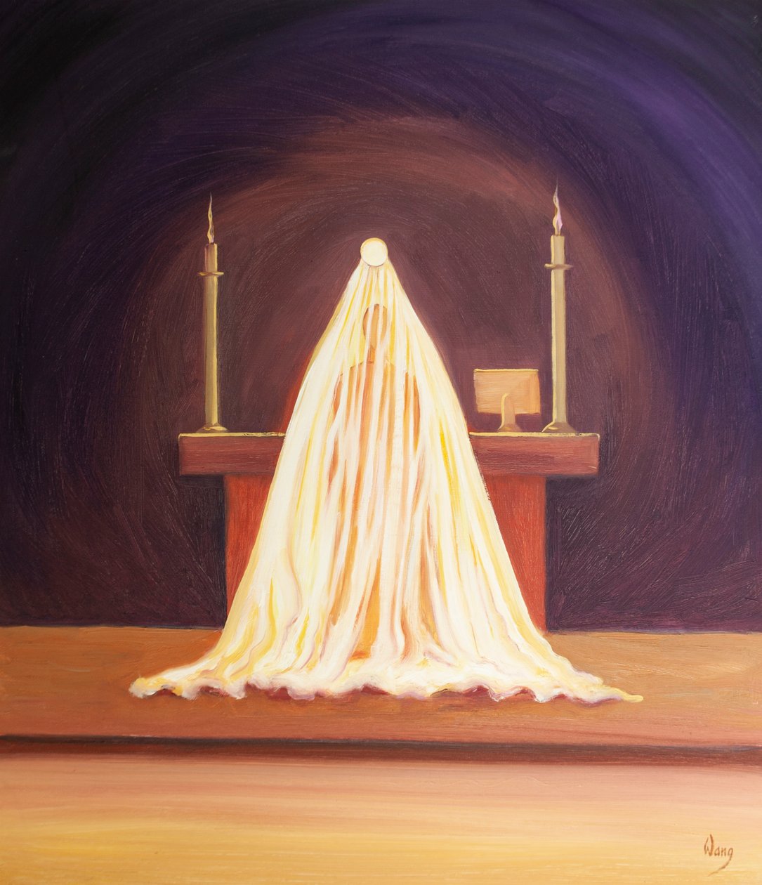 Při zasvěcení je přítomen Ježíš, miluje nás, i když je nám zahalen před zraky., 2001 (olej na palubě) od Elizabeth Wang