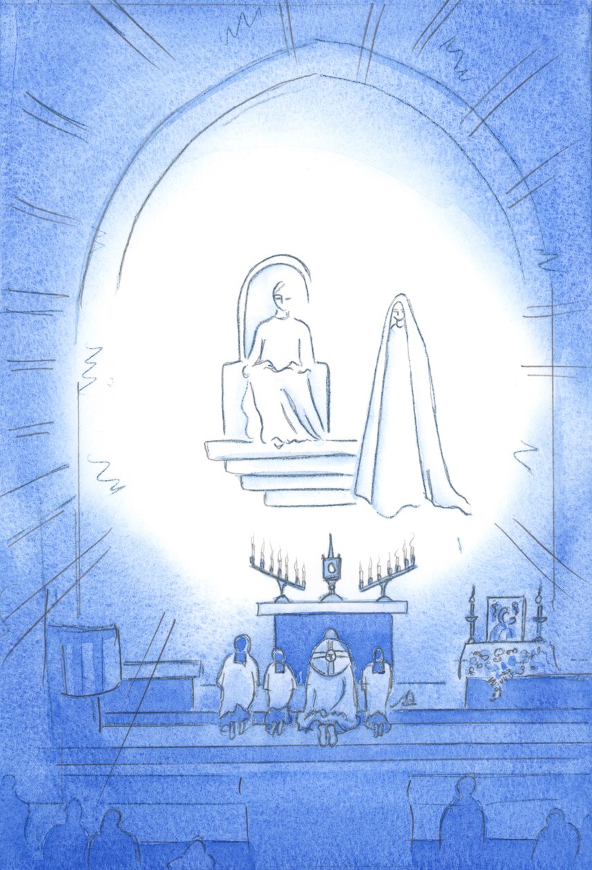 Kristus trůní nad námi, ve slávě, na naší novéně a požehnání, což je jako nebeský večírek. Naše matka Mary stojí radostně blízko, 2002 (w/c na papíře) od Elizabeth Wang