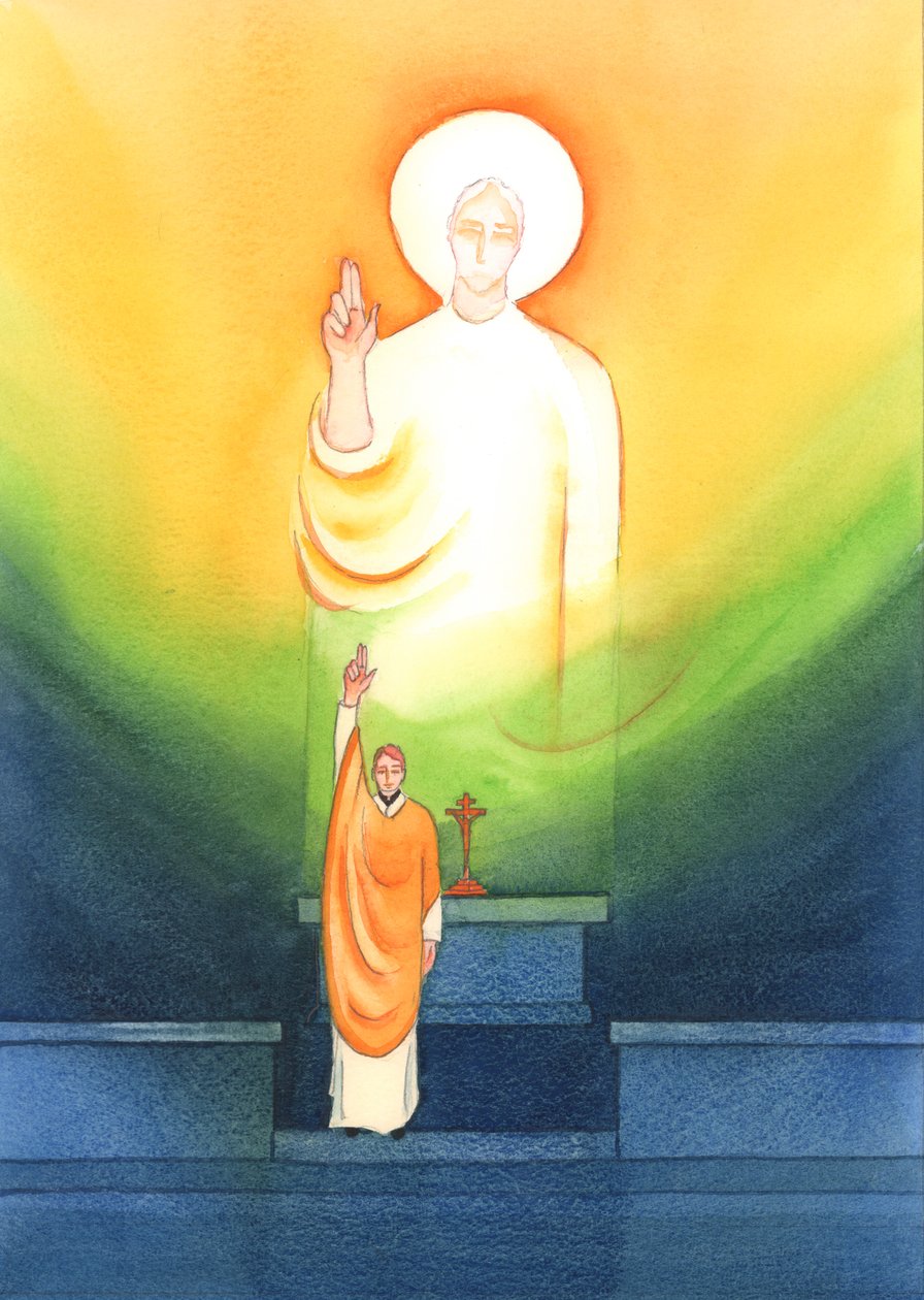 Kristus mluví a jedná prostřednictvím svých kněží, kteří žehnají a odpouštějí „in persona Christi capitis“, „v osobě Krista Hlavy“, 2002 (bez papíru) od Elizabeth Wang