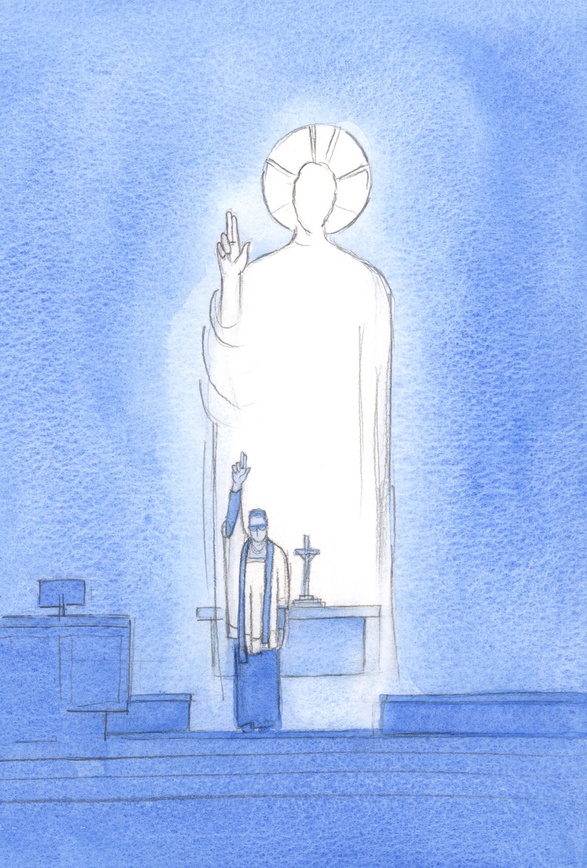 Kristus mluví a jedná prostřednictvím svých kněží, kteří žehnají a odpouštějí „in persona Christi capitis“, „v osobě Krista Hlavy“, 2002 (bez papíru) od Elizabeth Wang
