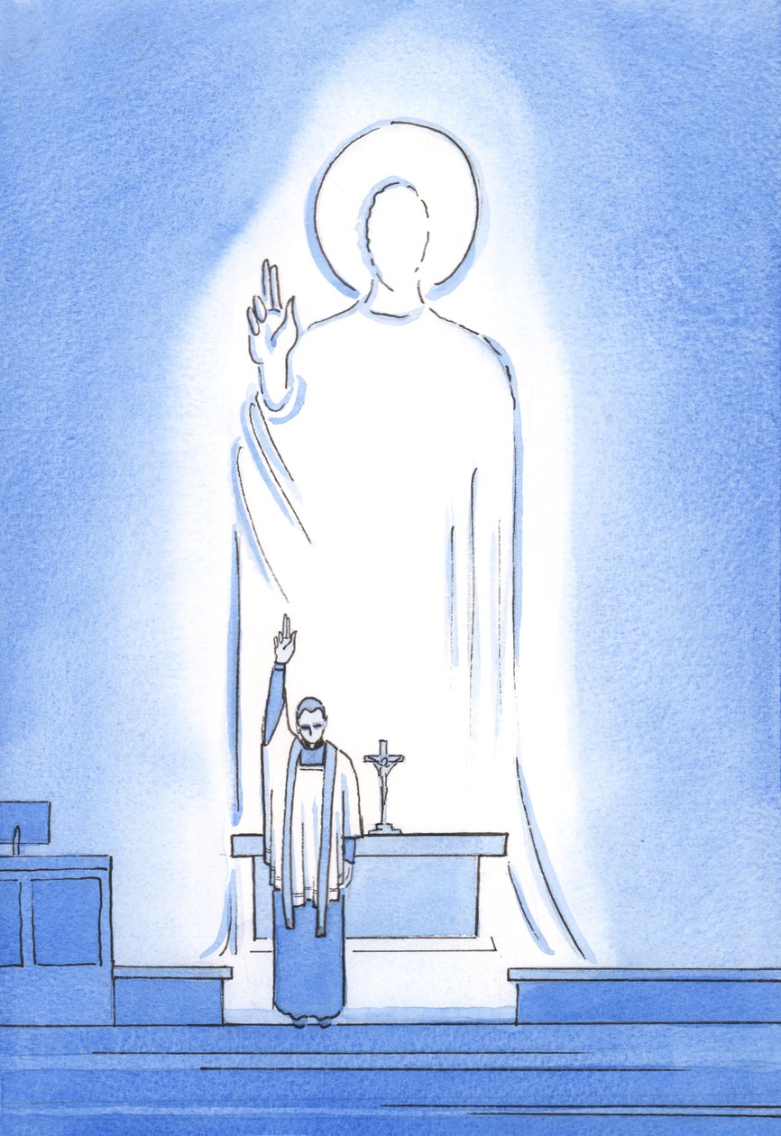 Kristus mluví a jedná prostřednictvím svých kněží, kteří žehnají a odpouštějí „in persona Christi capitis“, „v osobě Krista Hlavy“, 2002 (bez papíru) od Elizabeth Wang