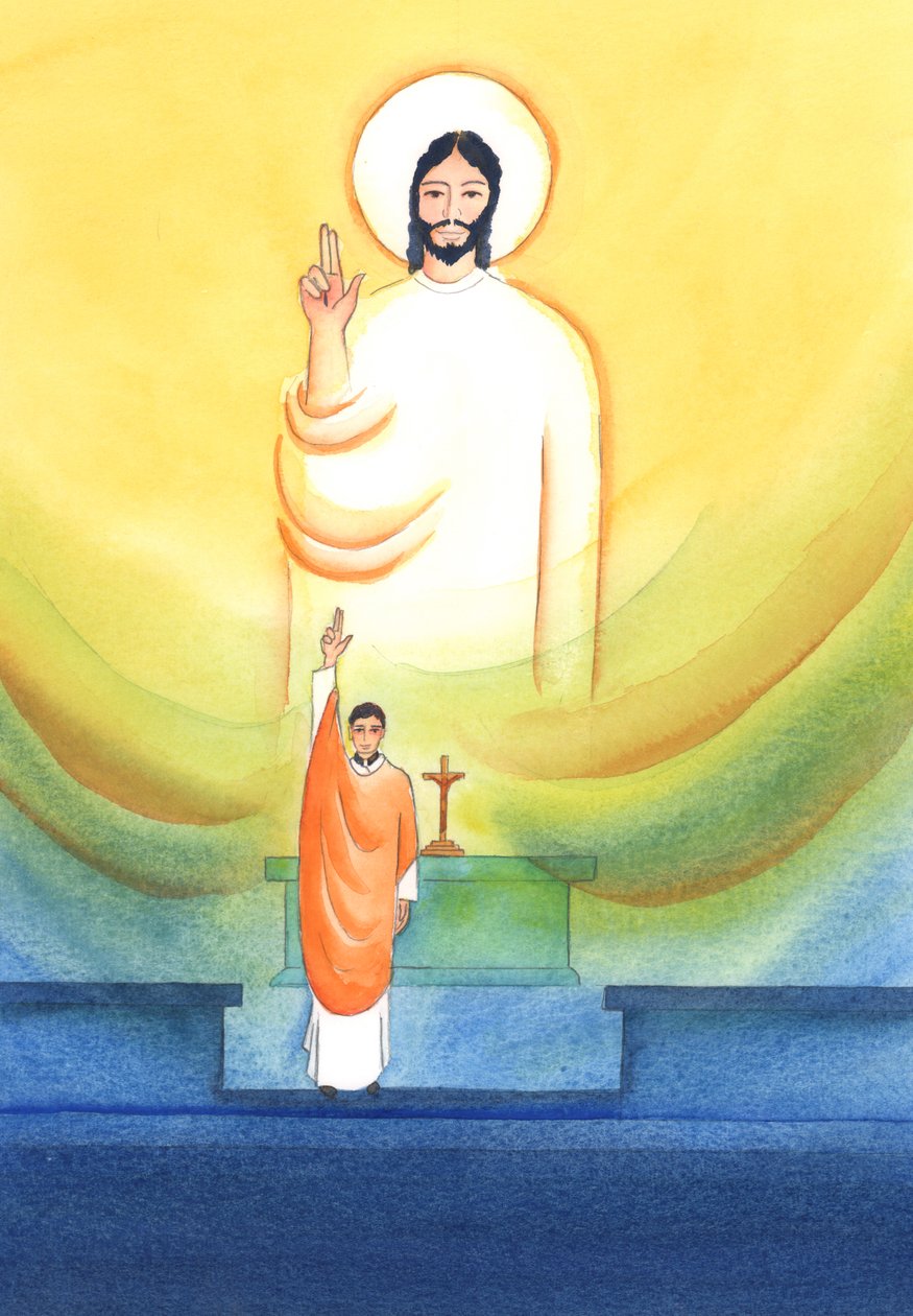 Kristus mluví a jedná prostřednictvím svých kněží, kteří žehnají a odpouštějí „in persona Christi capitis“, „v osobě Krista Hlavy“, 2002 (bez papíru) od Elizabeth Wang