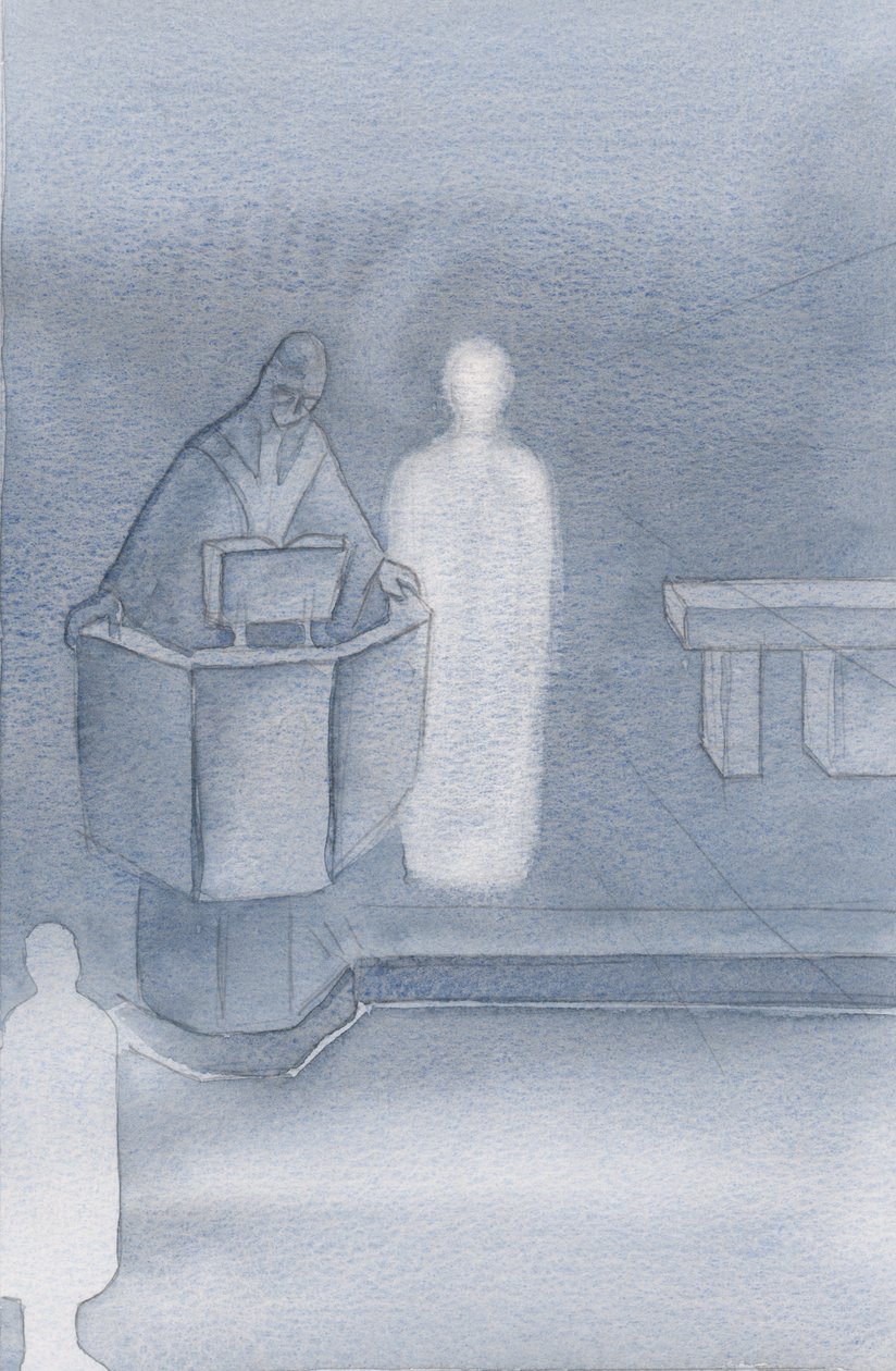 Kristus stál vedle kněze, který nám všem četl svaté evangelium, což bylo Kristovo vlastní slovo., 2000 (w/c na papíře) od Elizabeth Wang