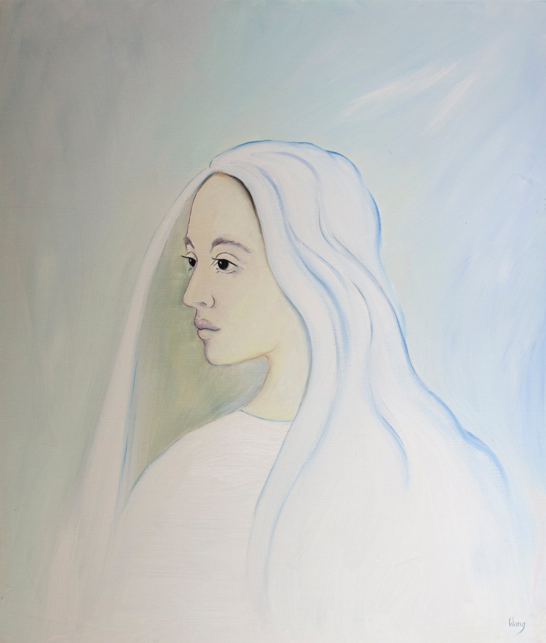 V nebi Panna Maria sdílí starost svého syna o vše, co se děje na zemi, 2000 (olej na palubě) od Elizabeth Wang