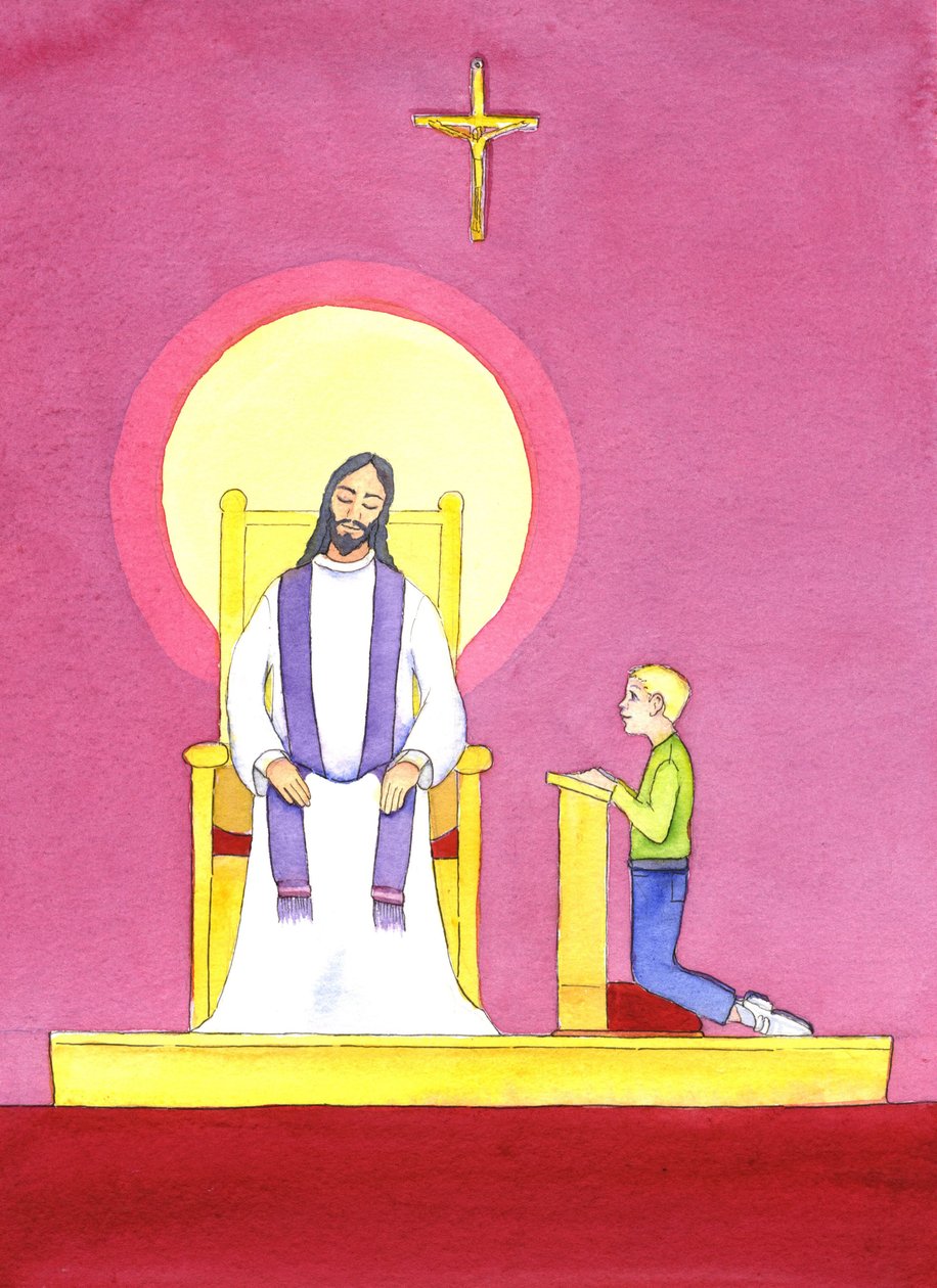 Ve svátosti zpovědi kněz slouží v osobě Krista a přináší jeho soucit a milosrdenství kajícníkovi, 2001 (bez papíru) od Elizabeth Wang