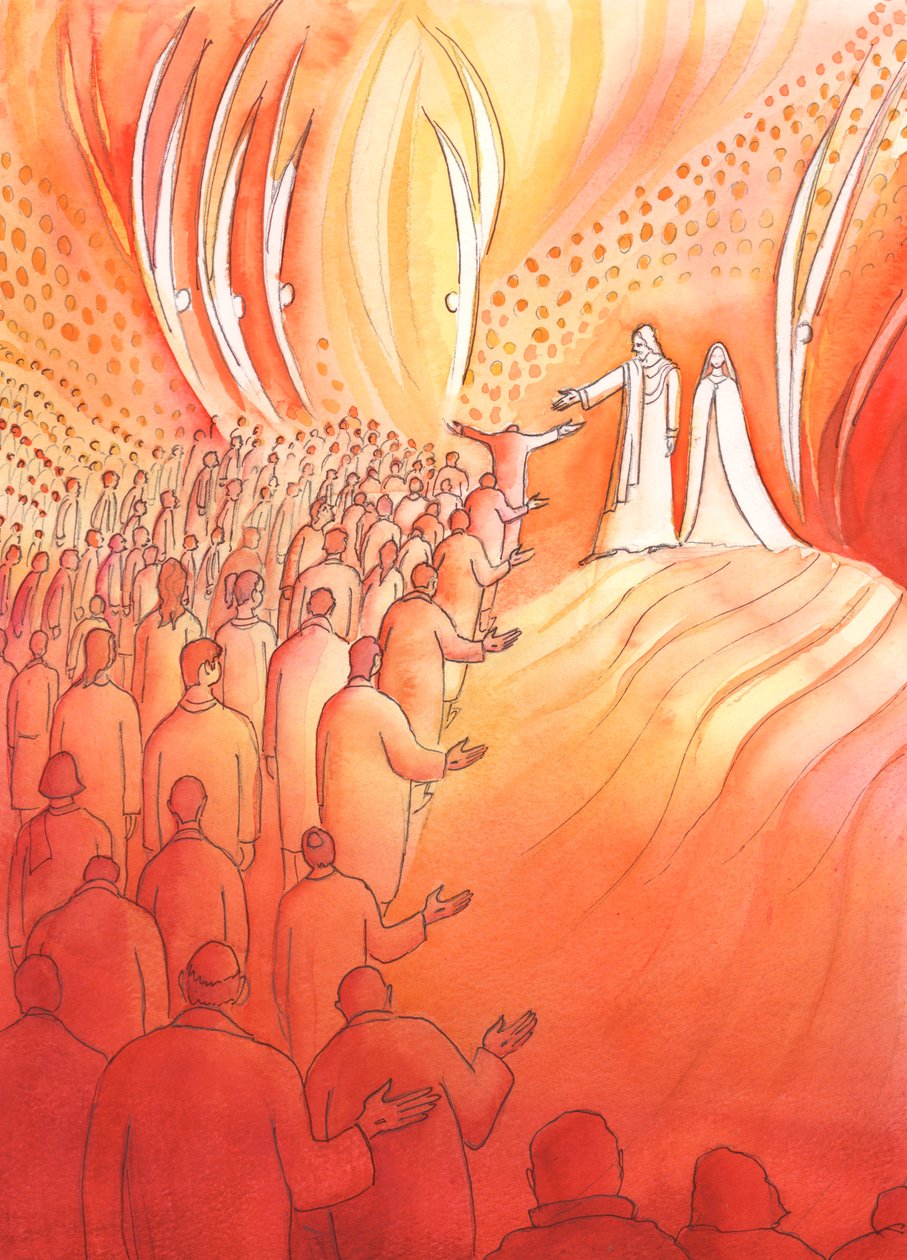 Ježíš ukřižovaný čeká u brány nebe se svou matkou Marií a svatými anděly, 2000 (bez papíru) od Elizabeth Wang
