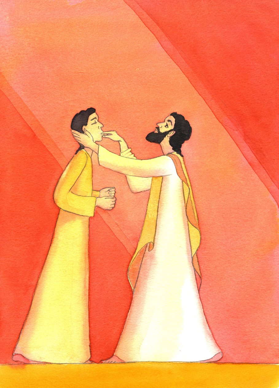 Ježíš uzdravuje hluchého muže, když pozvedá oči k nebi, v modlitbě, 2001 (bez papíru) od Elizabeth Wang