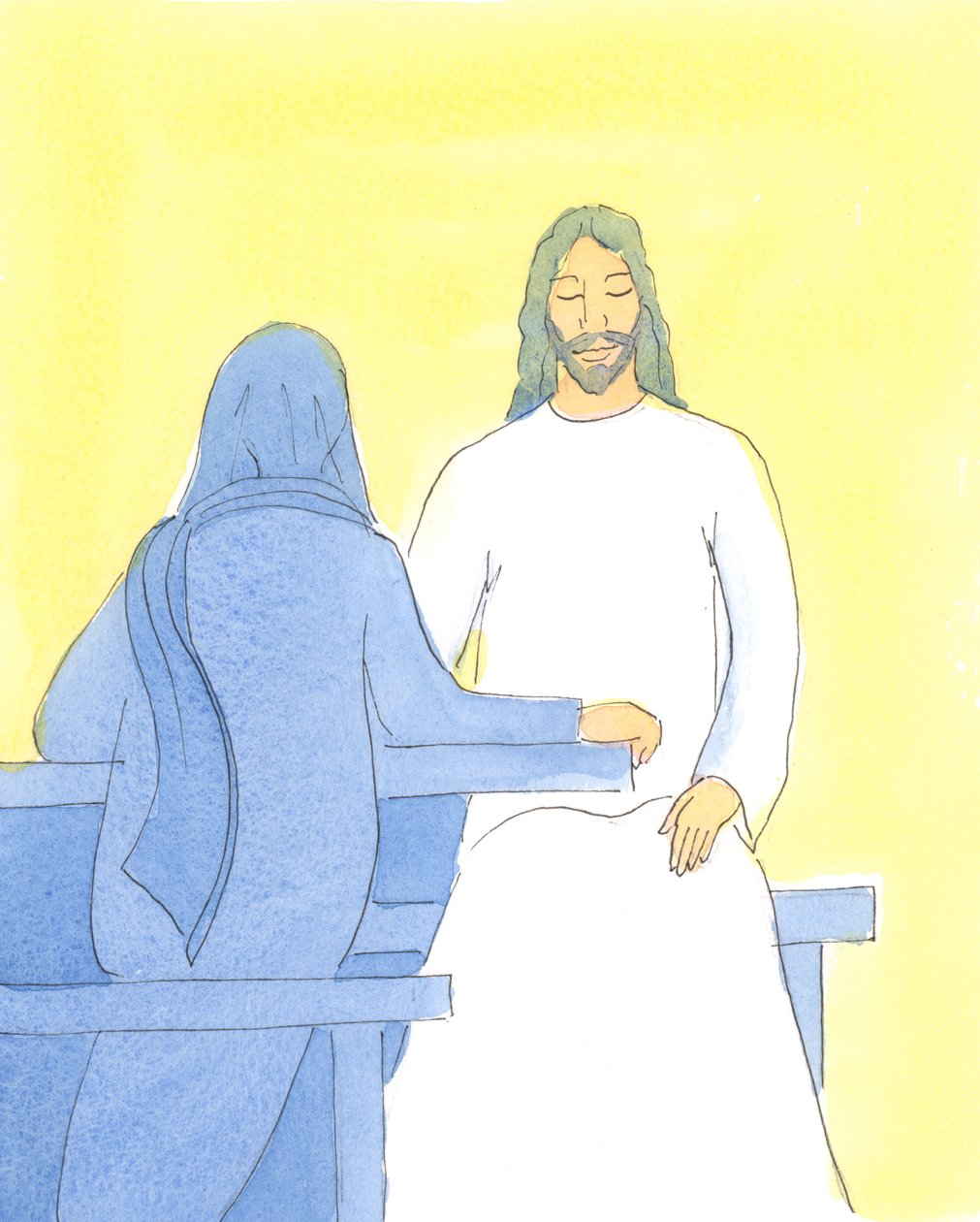 Ježíš byl osvěžen a rozradostněn tím, že seděl se svými přáteli v Bethanii v uvítacím tichu, 2004 (w/c na papíře) od Elizabeth Wang