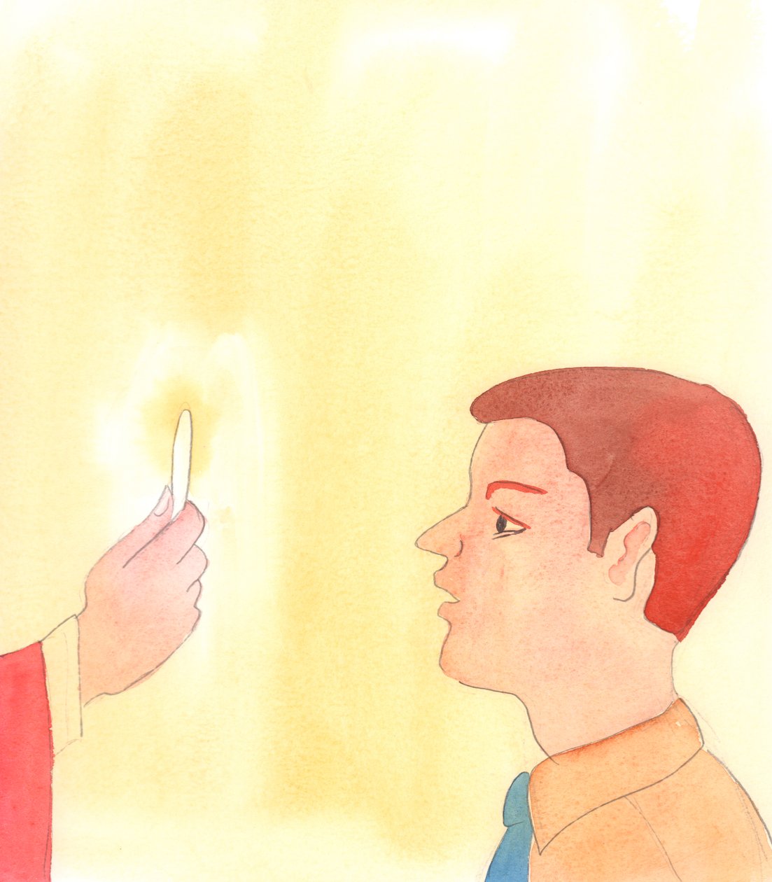 Lidé, kteří věří v Ježíšova slova o svaté eucharistii, se chovají tak, jak by se měli chovat ke svému Bohu a Spasiteli, Really Present under the appearance of Bread, 2005 (akvarel na papíře) od Elizabeth Wang