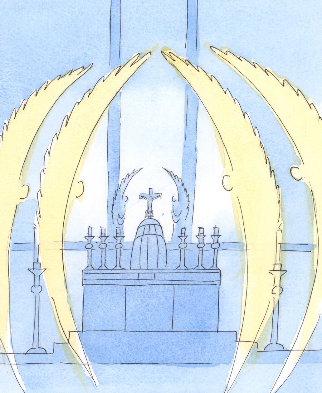 Andělé „střeží“ Pána, který je přítomen ve svatostánku v Nejsvětější svátosti, 2004 (bez papíru) od Elizabeth Wang