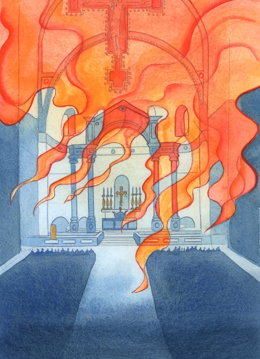 Kostel nebo katedrála, ve které se katolíci modlí, spočívá v Boží péči, 2003 (bez papíru) od Elizabeth Wang