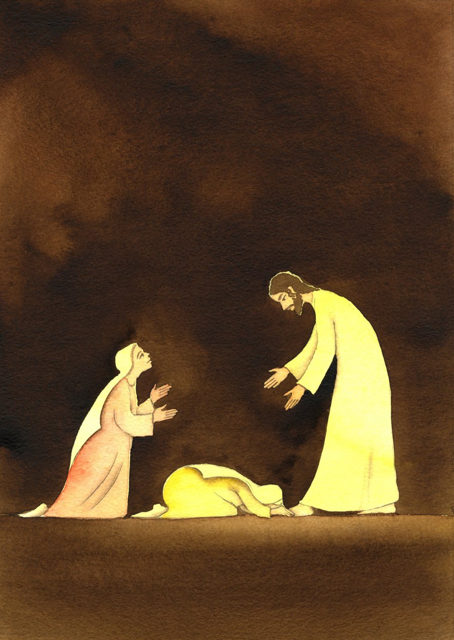 Dvě Marie se vzkříšeným Kristem, 2001 (w/c na papíře) od Elizabeth Wang