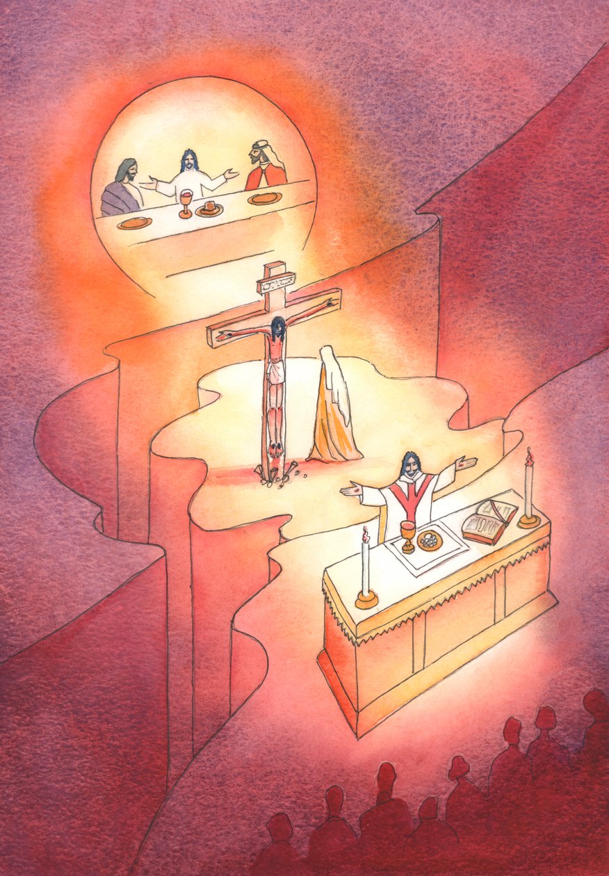 Skrze eucharistii, která byla ustanovena při Poslední večeři, je oběť Kalvárie znovu představena v každé generaci, 2001 (bez papíru) od Elizabeth Wang