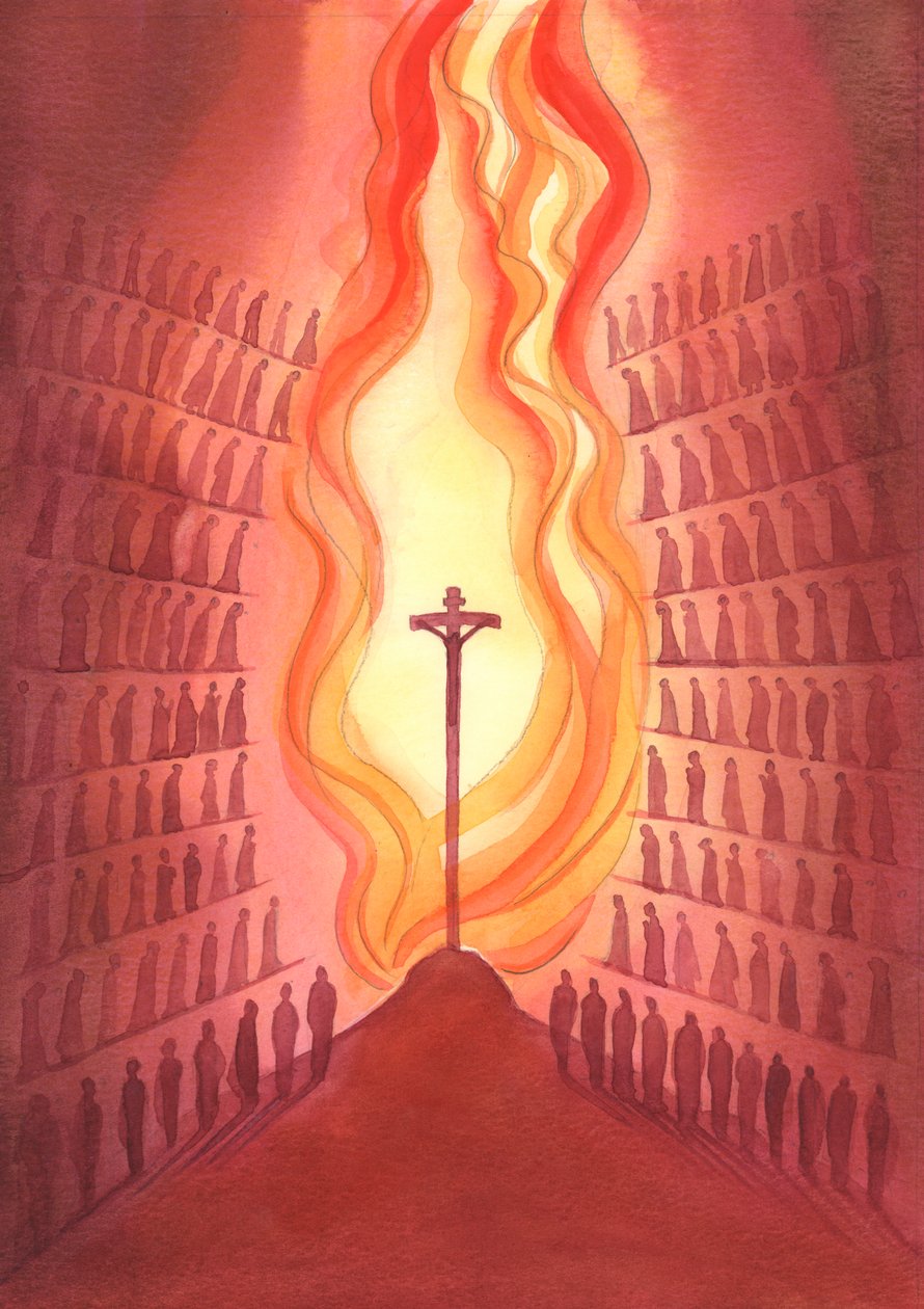 Prostřednictvím mše je každá generace Božího lidu přítomna jediné Oběti Kristu, jak je znázorněna na oltáři., 2001 (bez papíru) od Elizabeth Wang