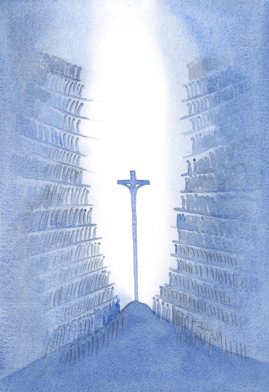 Prostřednictvím mše je každá generace Božího lidu přítomna jediné Oběti Kristu, jak je znázorněna na oltáři., 2001 (bez papíru) od Elizabeth Wang
