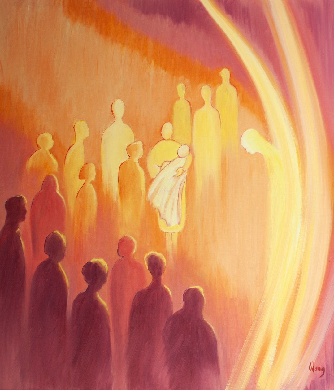 Když je dítěti při křtu dán božský život, jeho anděl strážný je naplněn radostí, 2000 (olej na palubě) od Elizabeth Wang