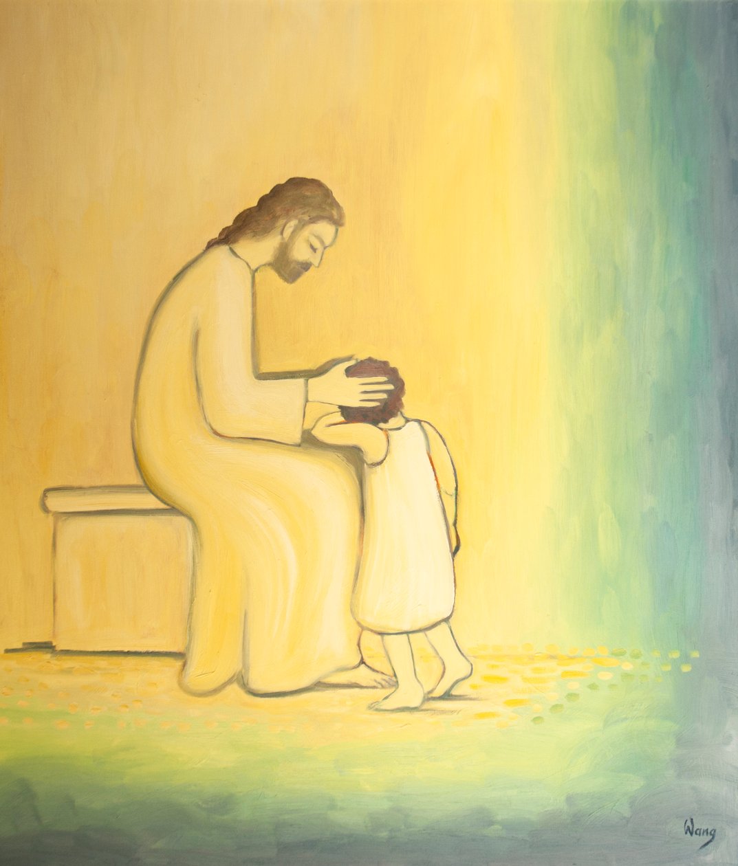 Když činíme pokání ze svých hříchů, Ježíš Kristus na nás pohlíží s něhou, jako když matka objímá své dítě, 2001 (olej na palubě) od Elizabeth Wang