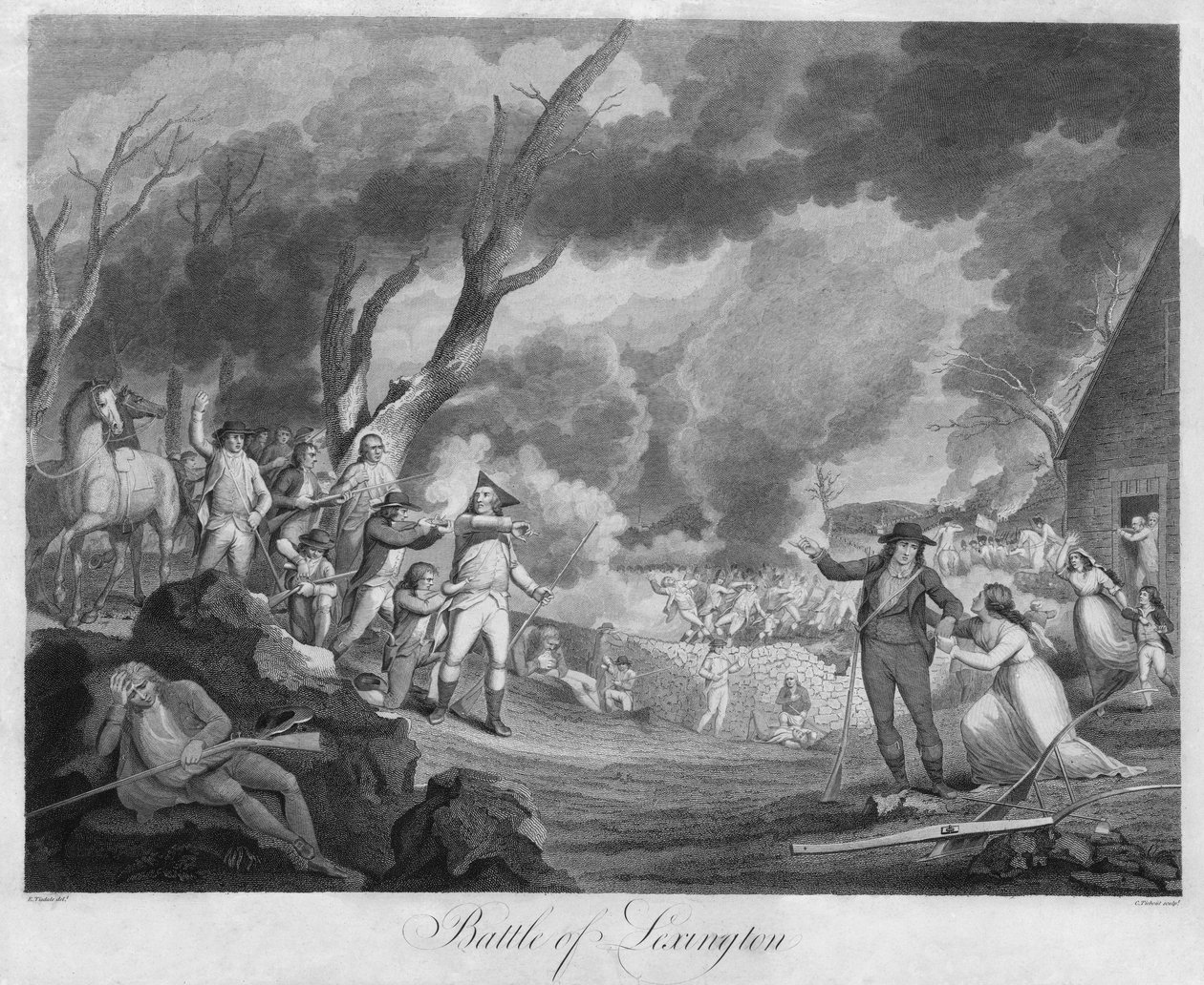 Bitva u Lexingtonu, vyryl Cornelius Tiebout (1768-1835) (rytina) od Elkanah (after) Tisdale