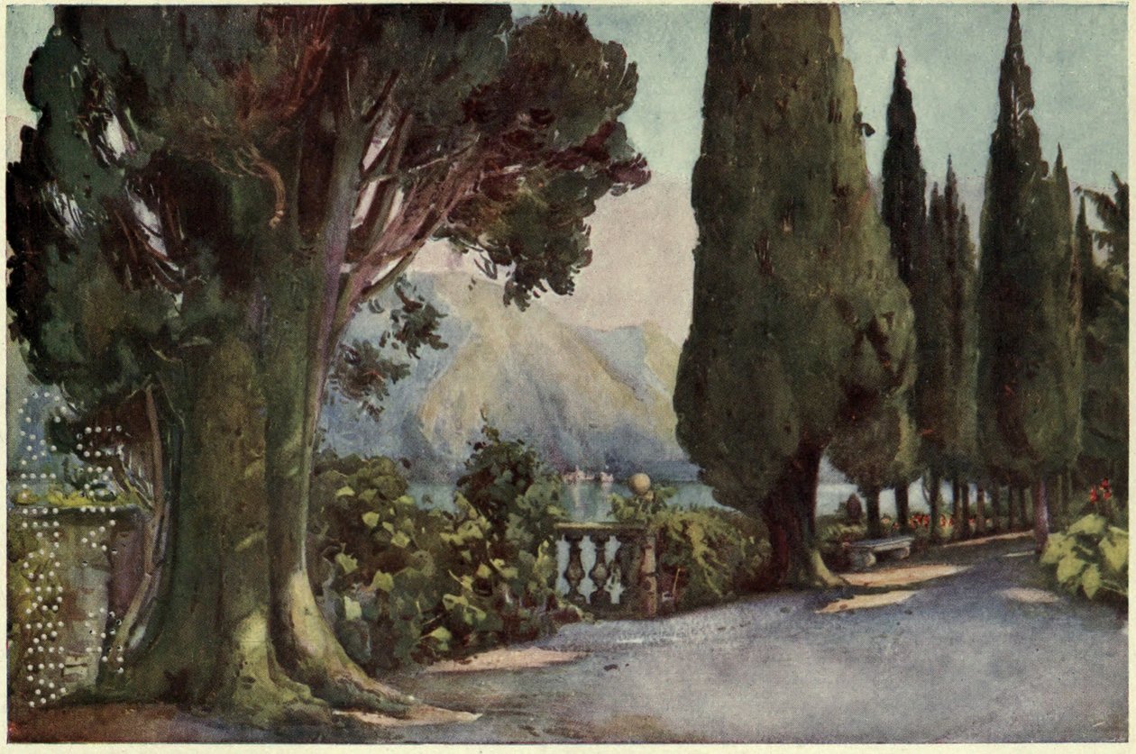 Cypress Avenue, Villa del Pizzo, Lago di Como, Ilustrace z „Italských jezer“ od Richarda Bagota od Ella Du Cane