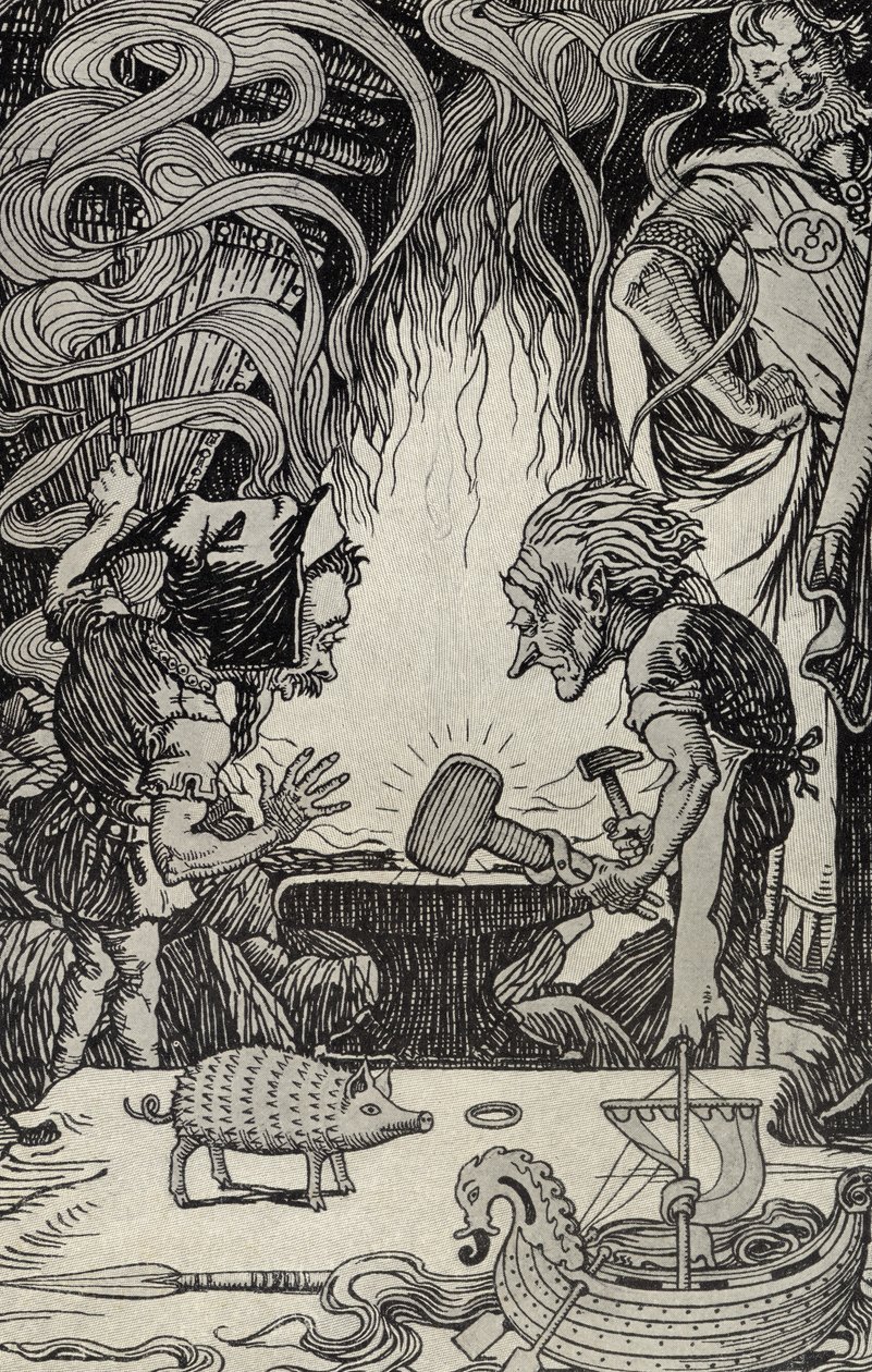 The Third Gift an Enormous Hammer, ilustrace z Mýtů z mnoha zemí, vydáno 1912 od Elmer Boyd Smith