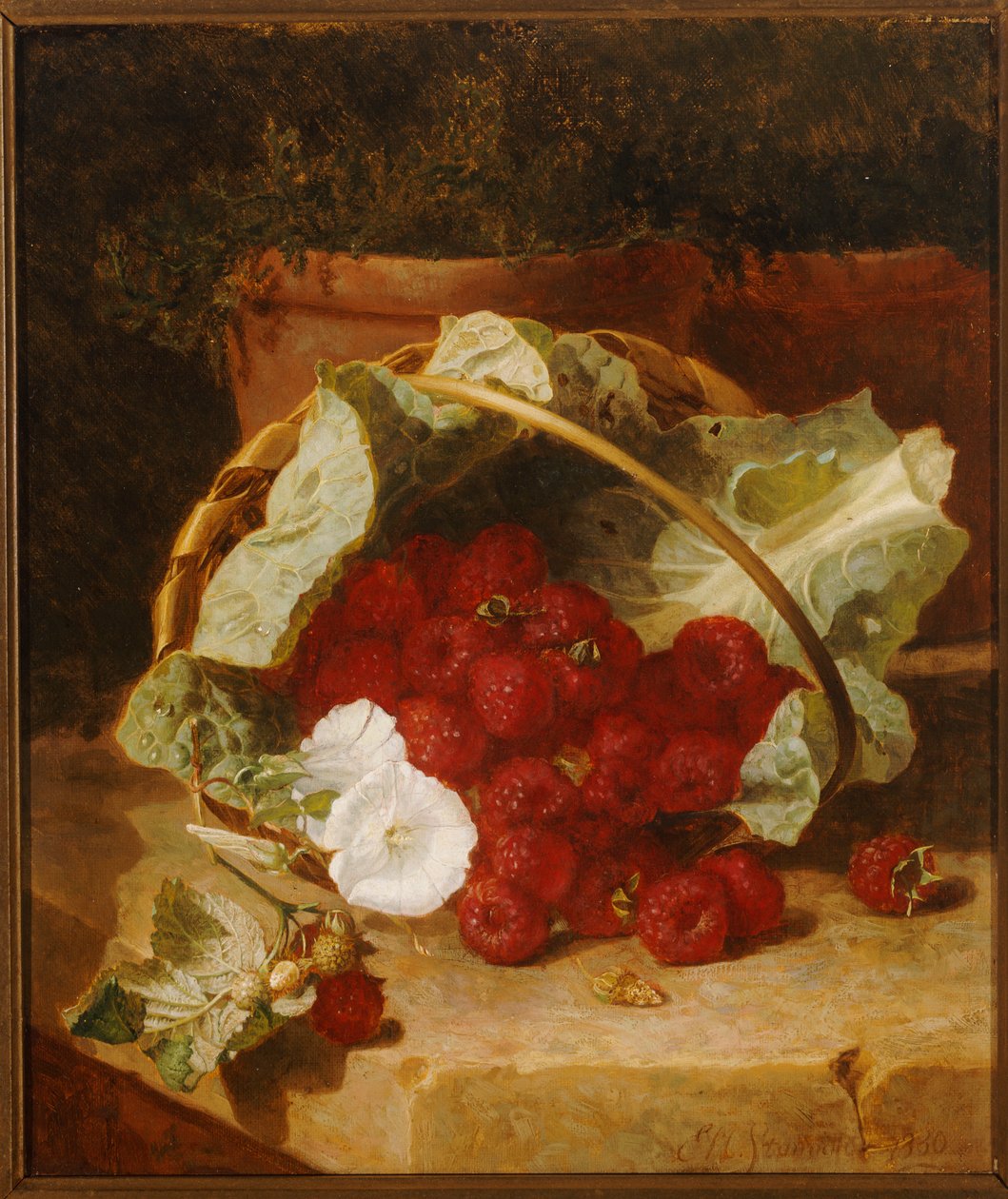 Maliny v košíku vyloženém zelím s bílou konvulvulem na kamenné římse, 1880 od Eloise Harriet Stannard