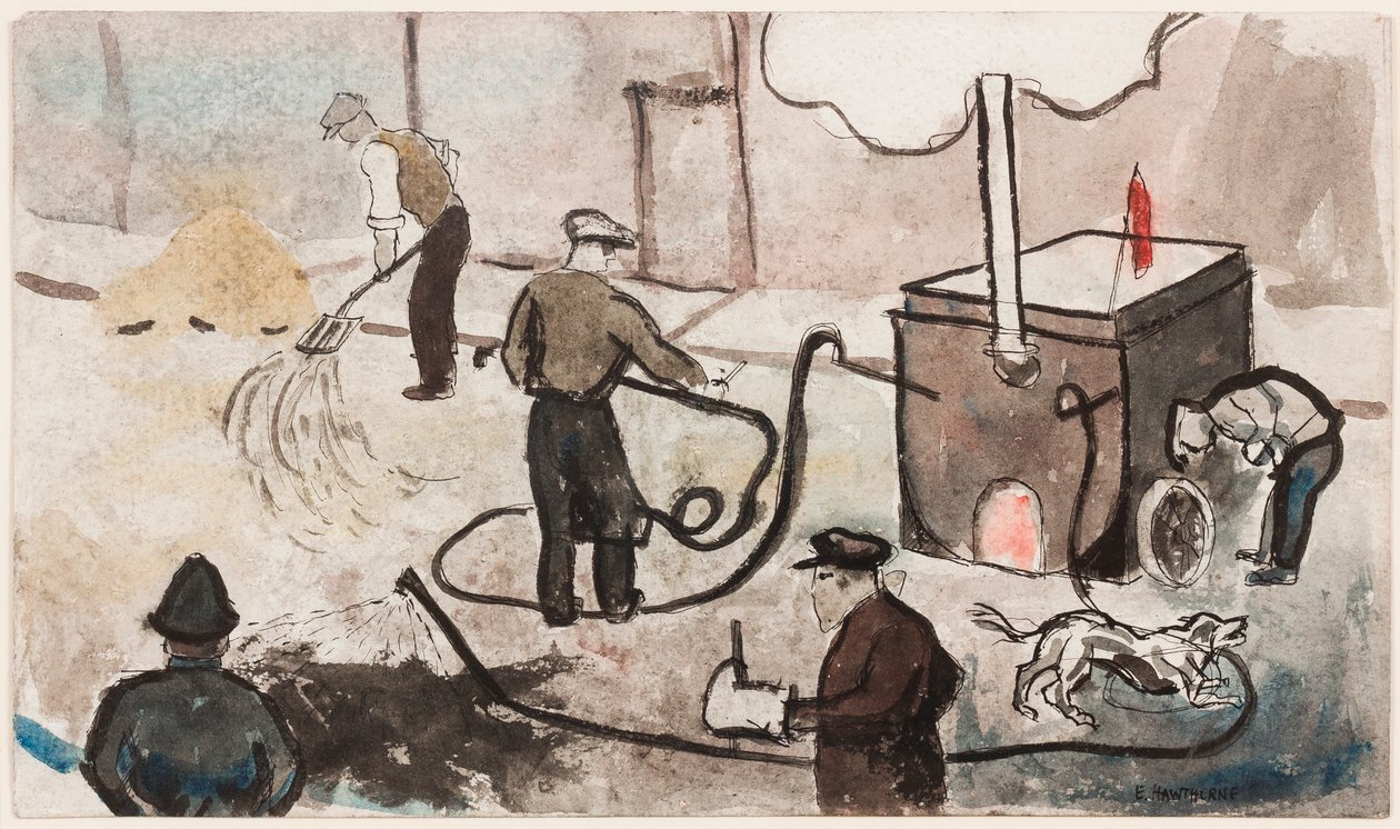 Londýn: East End street works, cca 1935 (inkoust a akvarel na papíře) od Elwin Hawthorne