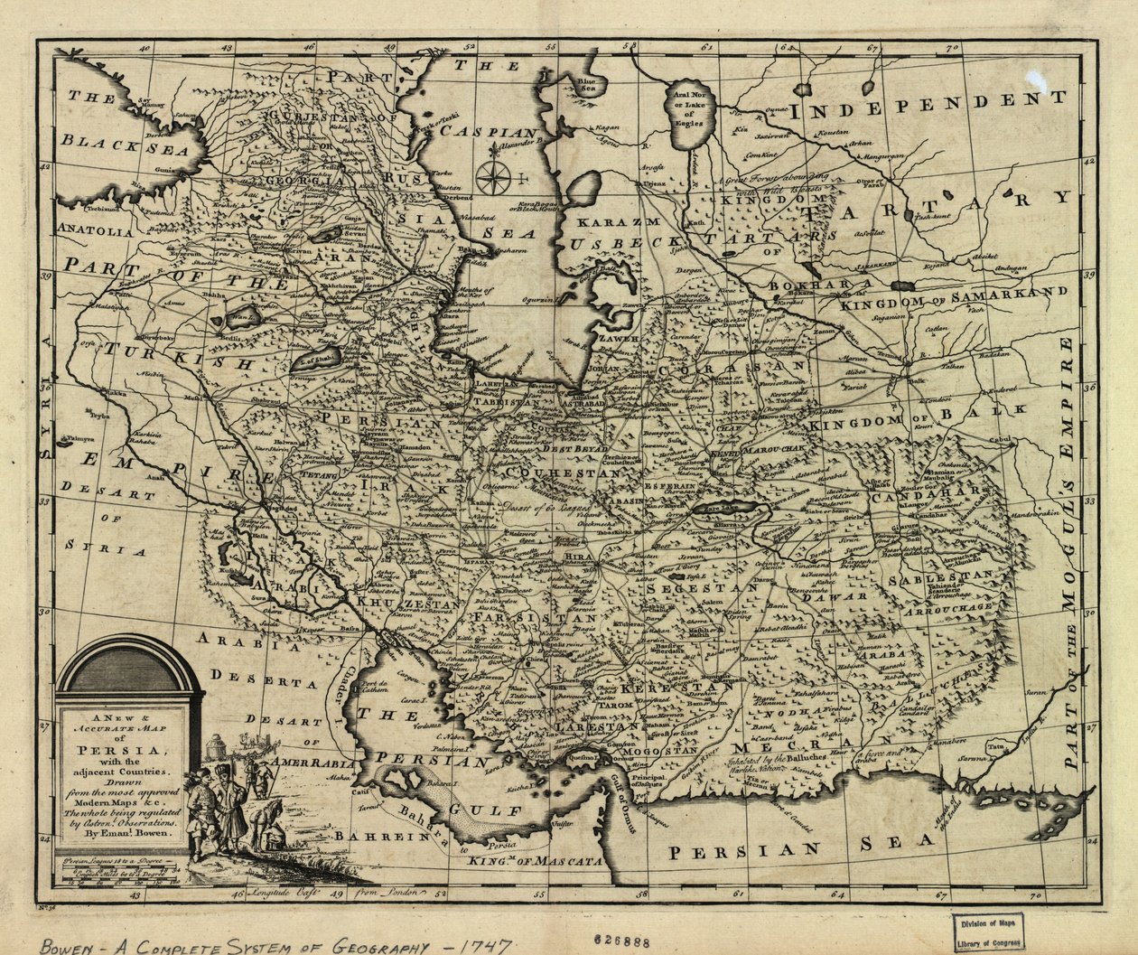 Mapa perské říše v roce 1747 v době dynastie Afšaridů od Emanuel Bowen