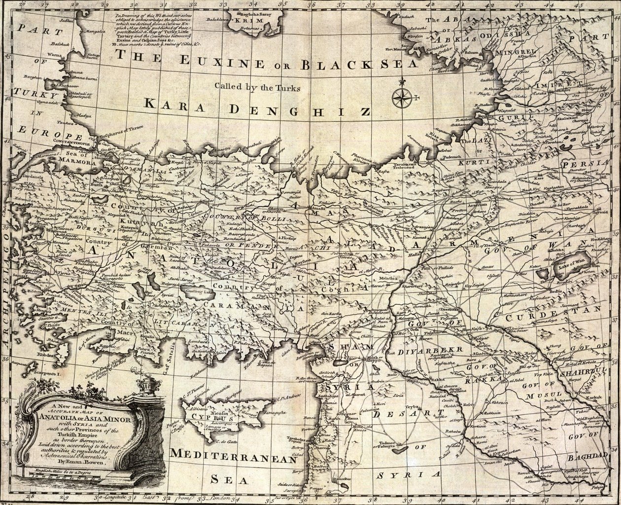 Anatolie nebo Malé Asie, přičemž hranicí je Sýrie a další provincie Turecké říše. od Emanuel Bowen