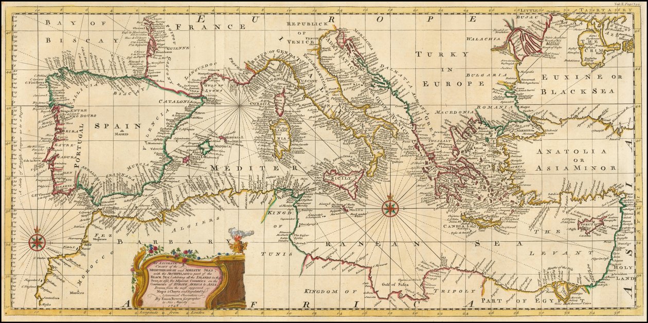 Mapa 1748 - Přesná mapa Středozemního a Jaderského moře se souostrovím a částí Černého moře od Emanuel Bowen