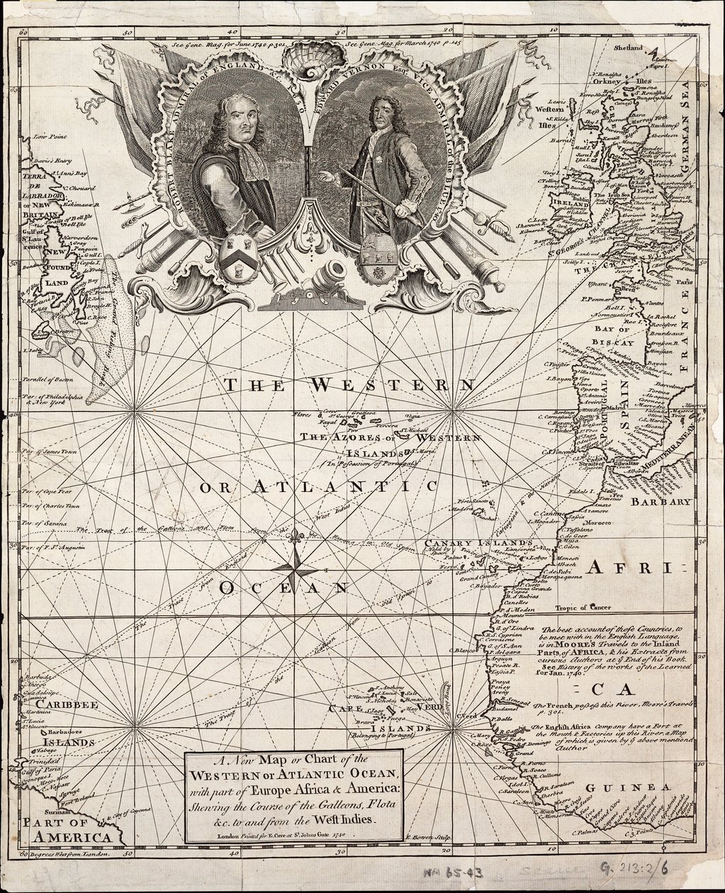 Nová mapa západního Atlantického oceánu s částí Evropy, Afriky a Ameriky, zobrazující plavbu galeon do Západní Indie a zpět. od Emanuel Bowen