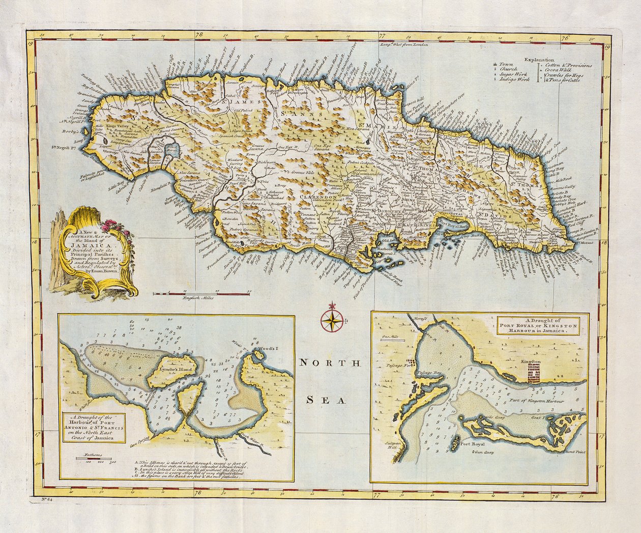 Mapa ostrova Jamajka, rozděleného na hlavní farnosti kolem roku 1760 (ručně kolorovaná rytina) od Emanuel Bowen
