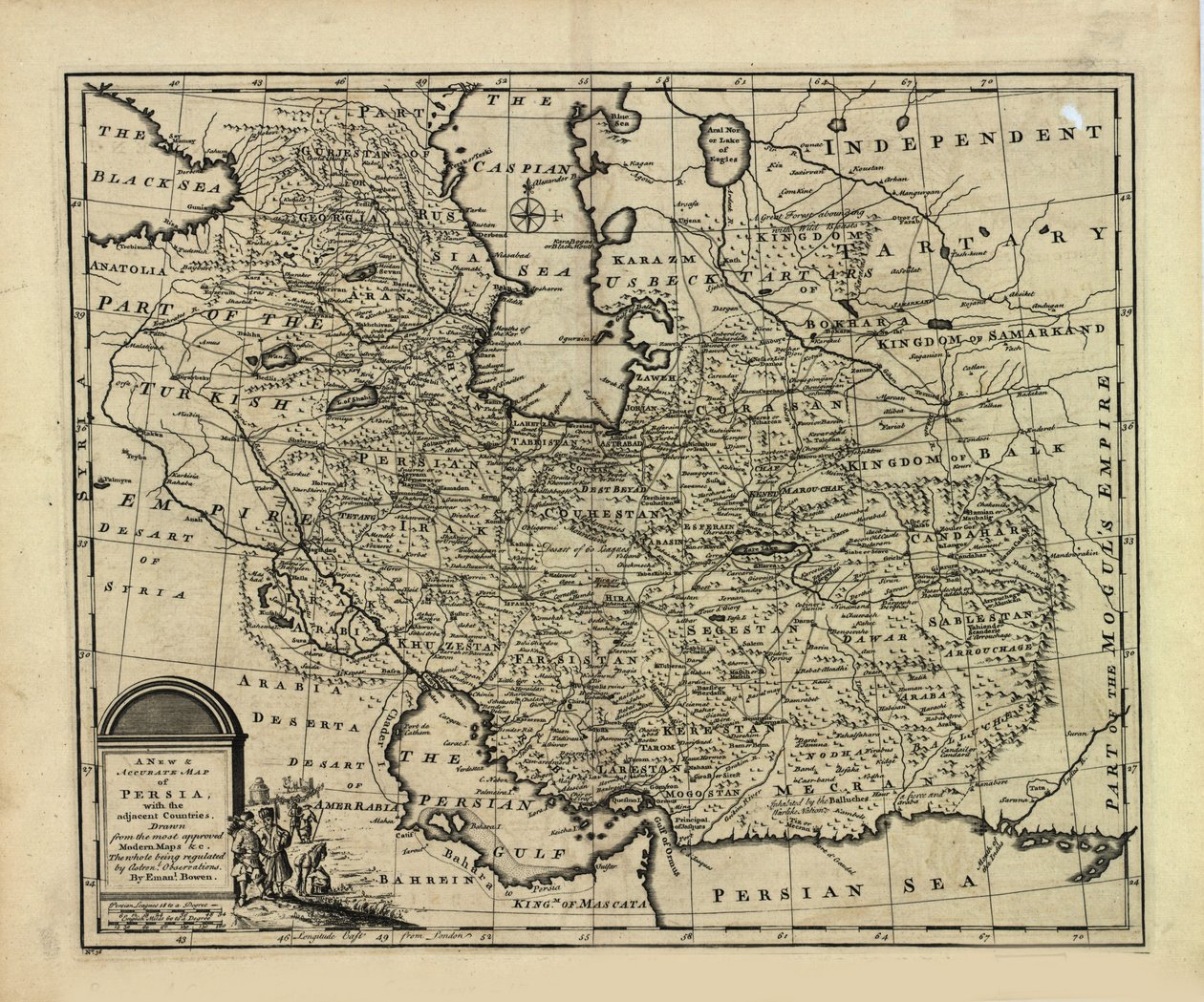 Nová a přesná mapa Persie se Safavidskou a Mughalskou říší od Emanuel Bowen