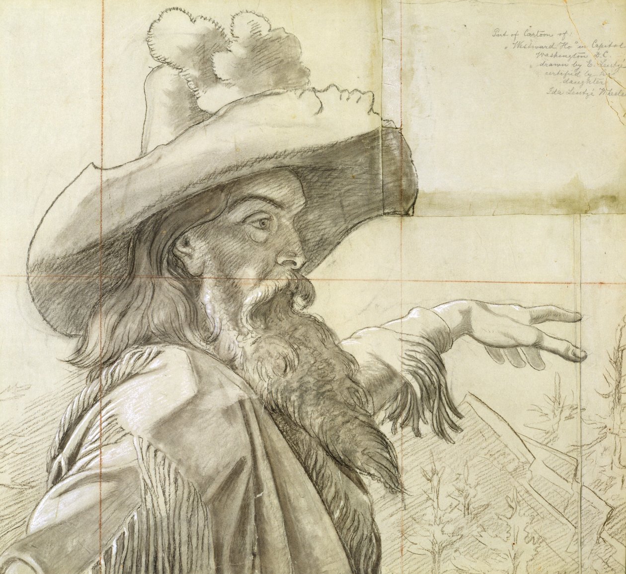 Detail karikatury k nástěnné malbě Na západ od říše... od Emanuel Gottlieb Leutze
