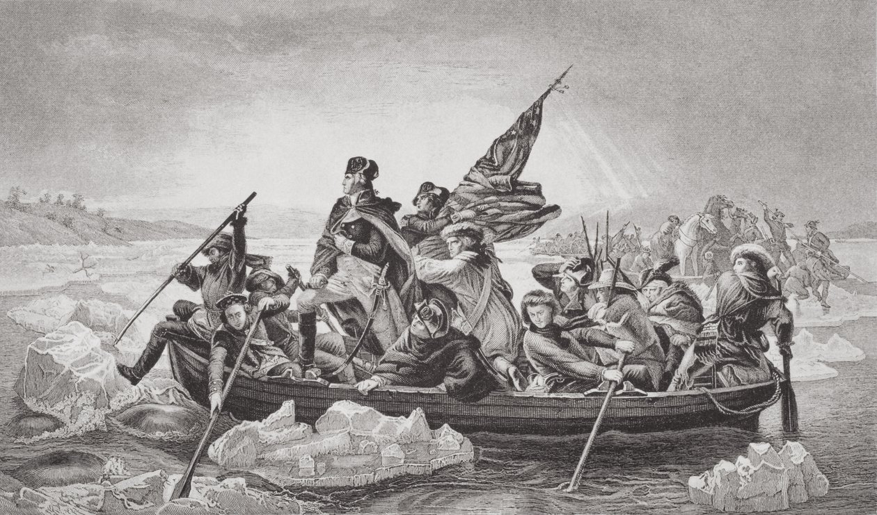 Washington překračující Delaware poblíž Trentonu, New Jersey, Vánoce 1776, z „Ilustrace anglické a skotské historie“ svazek II od Emanuel Gottlieb Leutze