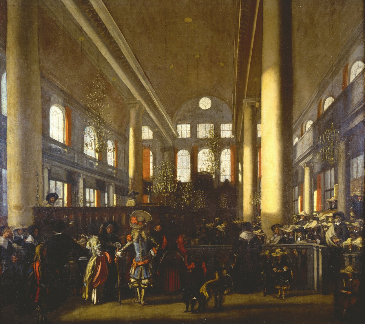 Interieur de la synagogue portugaise a Amsterdam - Interiér portugalské synagogy v Amsterdamu, od Witte, Emanuel, de (1616/17-1692). Olej na plátně, c. 1680. Izraelské muzeum, Jeruzalém od Emanuel de Witte