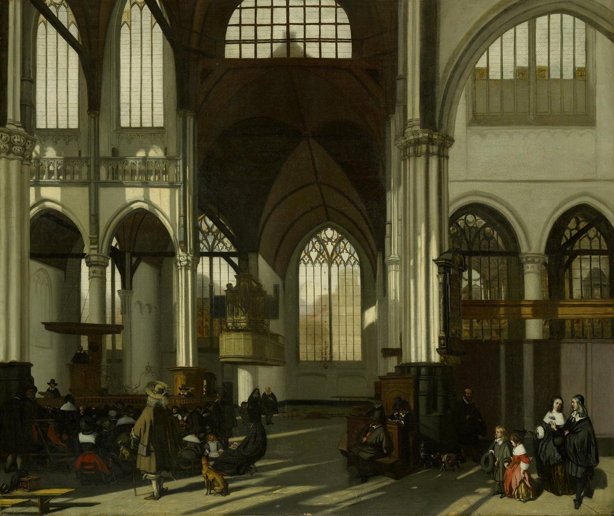 Interiér Oude Kerk v Amsterdamu, pohled přes transept na sever od Emanuel de Witte