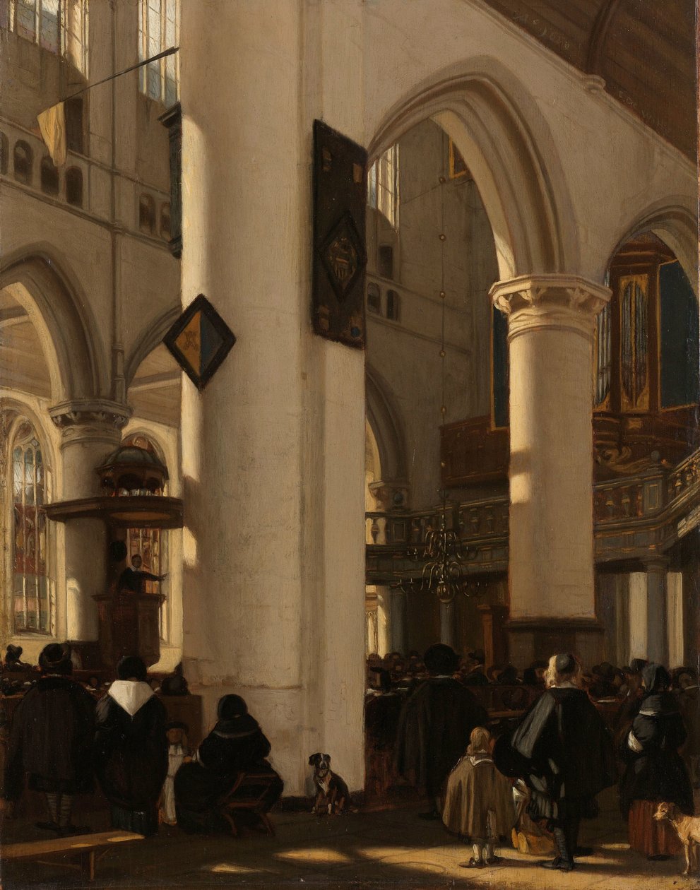 Interiér protestantského, gotického kostela během bohoslužby Interiér protestantského gotického kostela s motivy z Oude Kerk v Amsterdamu od Emanuel de Witte