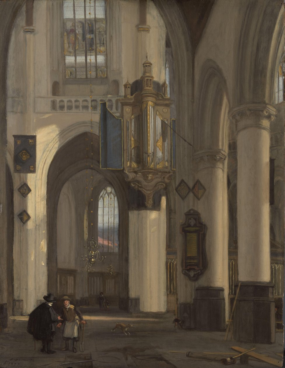 Interiér protestantského gotického kostela s motivy z Oude a Nieuwe Kerk v Amsterdamu od Emanuel de Witte