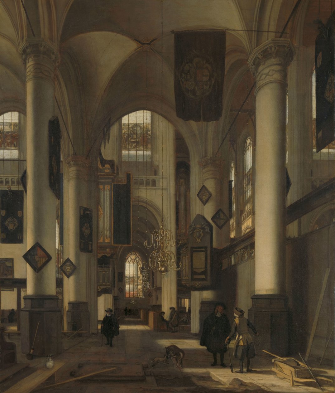 Interiér protestantského gotického kostela s motivy z Oude a Nieuwe Kerk v Amsterdamu od Emanuel de Witte