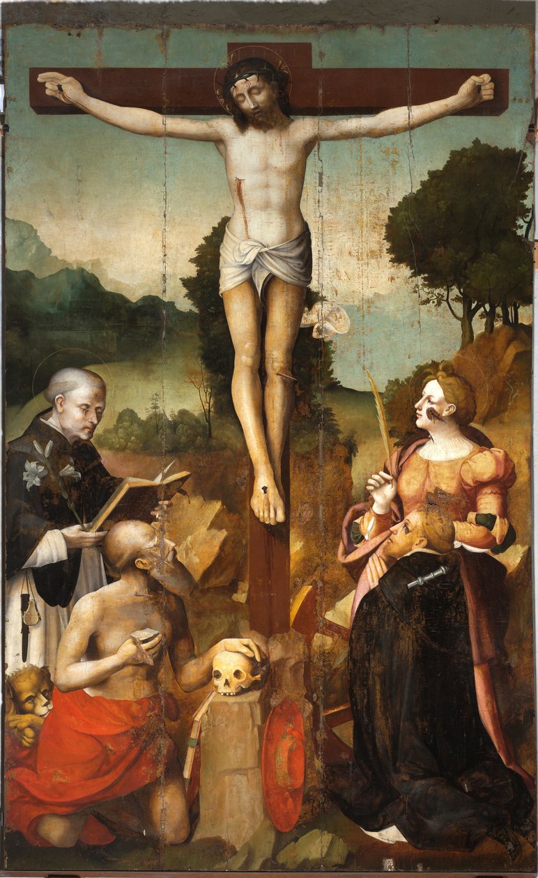 Ukřižování Krista se svatým Dominikem, svatým Jeronýmem, svatou Kateřinou Alexandrijskou a svatým Petrem mučedníkem od Emanuele & Pancalino Cristoforo (Raffaello de Rossi) (fl.1525 1578) Macario