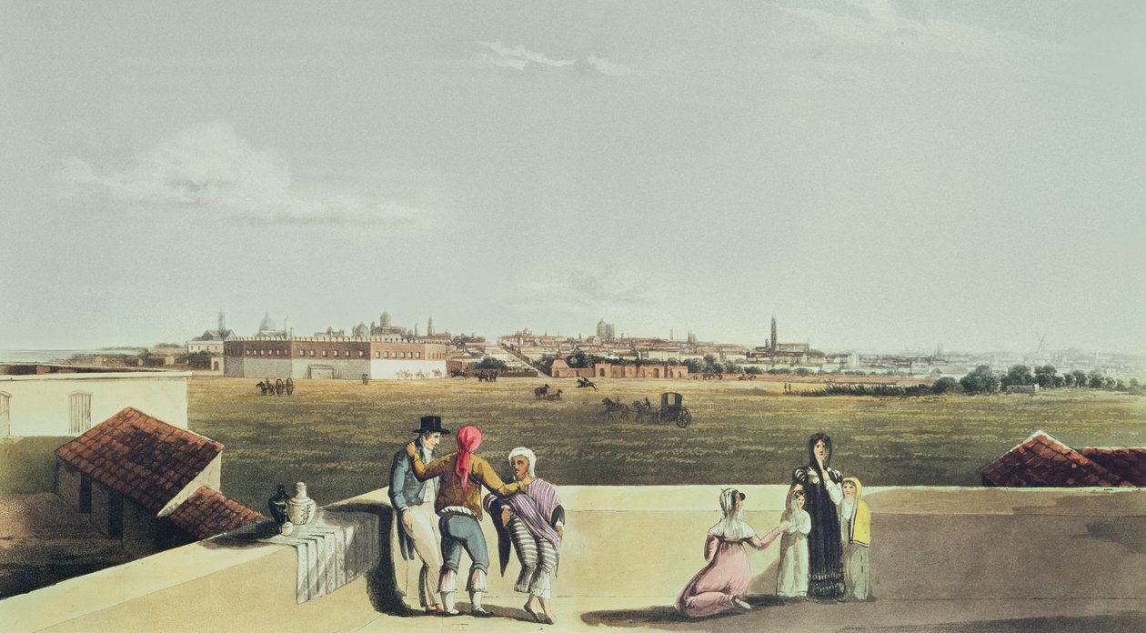 Celkový pohled na Buenos Aires z Plaza del Toros, z malebných ilustrací Buenos Aires a Montevidea, 1820 od Emeric Essex after Vidal