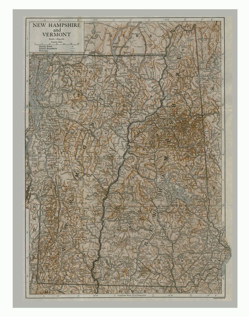 Mapa New Hampshire a Vermont, USA, c1900. od Emery Walker