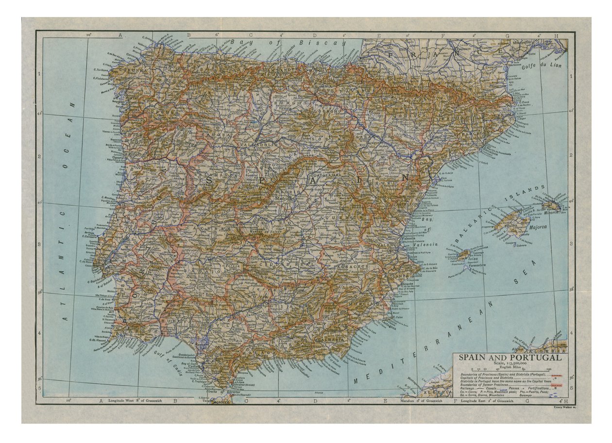 Mapa Španělska a Portugalska, c1910. od Emery Walker