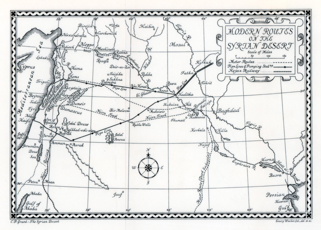 Železniční a motorové trasy a potrubí, syrská poušť, 1937 od Emery Walker