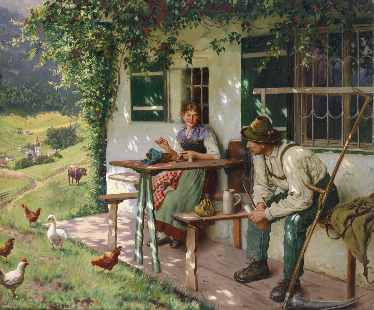 Mladý pár před statkem v Horním Bavorsku, signováno E. Rau, Mnichov, olej na plátně, 110 x 132,5 cm od Emil Rau