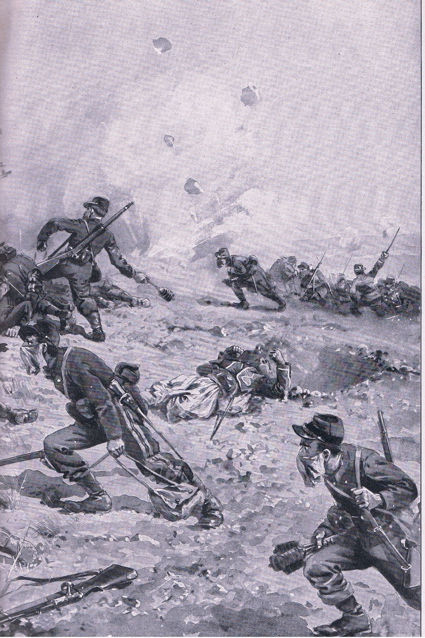 Útok francouzským ručním granátem v Les Spanges, z hospody Ilustrovaná historie světové války 1914-1915. od Union Berlagsefellfchaft od Emil (after) Limmer